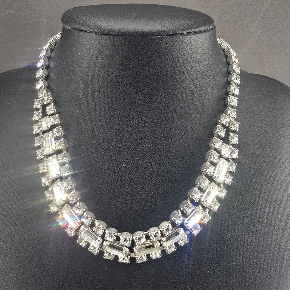 Vintage Estate Necklace Silver Tone Rhinestone Baguette Round Multi Strand 16in
